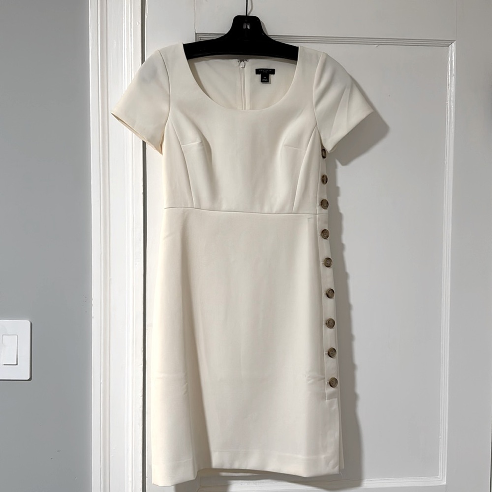 NWOT Ann Taylor Ivory Short Sleeve Sheath Dress with Side Buttons